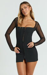 Alaya Mini Dress - Sheer Long Sleeve Hook and Eye Dress in Black