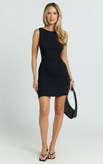 Anita Mini Dress - High Neck Ribbed Dress in Black