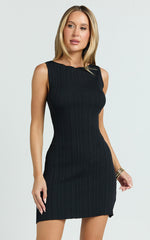 Anita Mini Dress - High Neck Ribbed Dress in Black