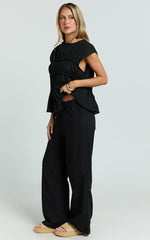 Auric Two Piece Set - Ruched Detail Top and Wide Leg Pants Set in Black