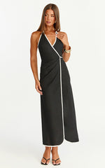 Aurora Midi Dress - Halter Neck Leg Split Wrap Dress in Black
