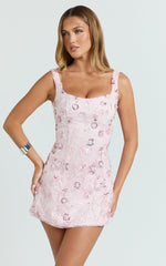 Bec Mini Dress - Embroidered Floral Sequin Corset Panel Dress in Pink