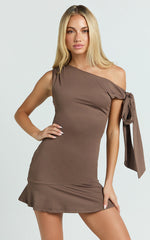 Beryl Mini Dress - Tipped Tie Shoulder Jersey Fit and Flare Dress in Dark Brown