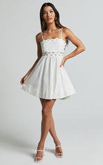 Brylee Mini Dress - Strappy Wave Neck Pleated Dress in White