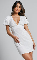 Cleonna Mini Dress - Short Puff Sleeve Plunge Neck Sequin Bodycon in White