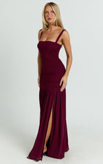 Cardi Maxi Dress - Ruched Mesh High Leg Split Dress in Wine