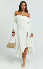 Carissa Midi Dress - Off Shoulder Long Sleeve Flounce Skirt Jersey Dress in Ivory