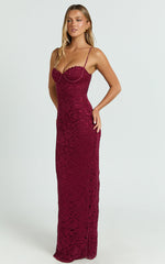 Carli Maxi Dress - Adjustable Strap Corset Bodycon Lace Dress in Wine