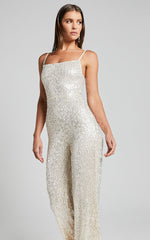 Carlie Jumpsuit - Straight Neck Strappy Sequin in Champagne