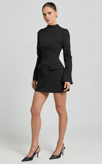 Carlson Mini Dress - High Neck Sleeve Cocoon Skirt Dress in Black