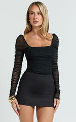 Casen Bodysuit - Long Sleeve Ruched Mesh Bodysuit in Black