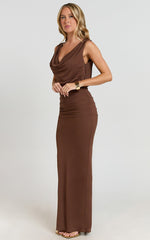 Cassidy Maxi Dress - Jersey Plunge Hardware Shoulder Trim Bodycon Dress in Chocolate