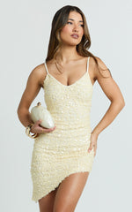 Celeste Mini Dress - Sequin V Neck Asymmetrical Dress in Lemon