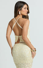 Celeste Top - Sequin Cross Strap Cropped Top in Lemon