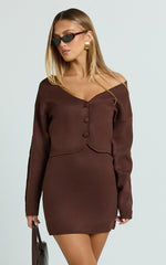 Charisse Two Piece Top and Skirt Set - Knit Cardigan And Mini Skirt in Chocolate