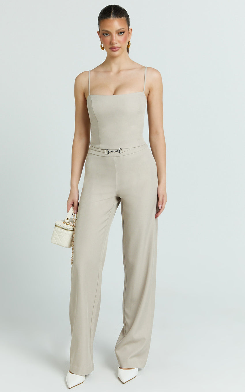 Charlize Pants - Stretch Slim Leg Front Buckle Pants in Stone
