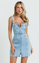 Chrysoula Mini Dress - Square Neck Zip Front Sleeveless Bodycon Denim in Light Blue Wash