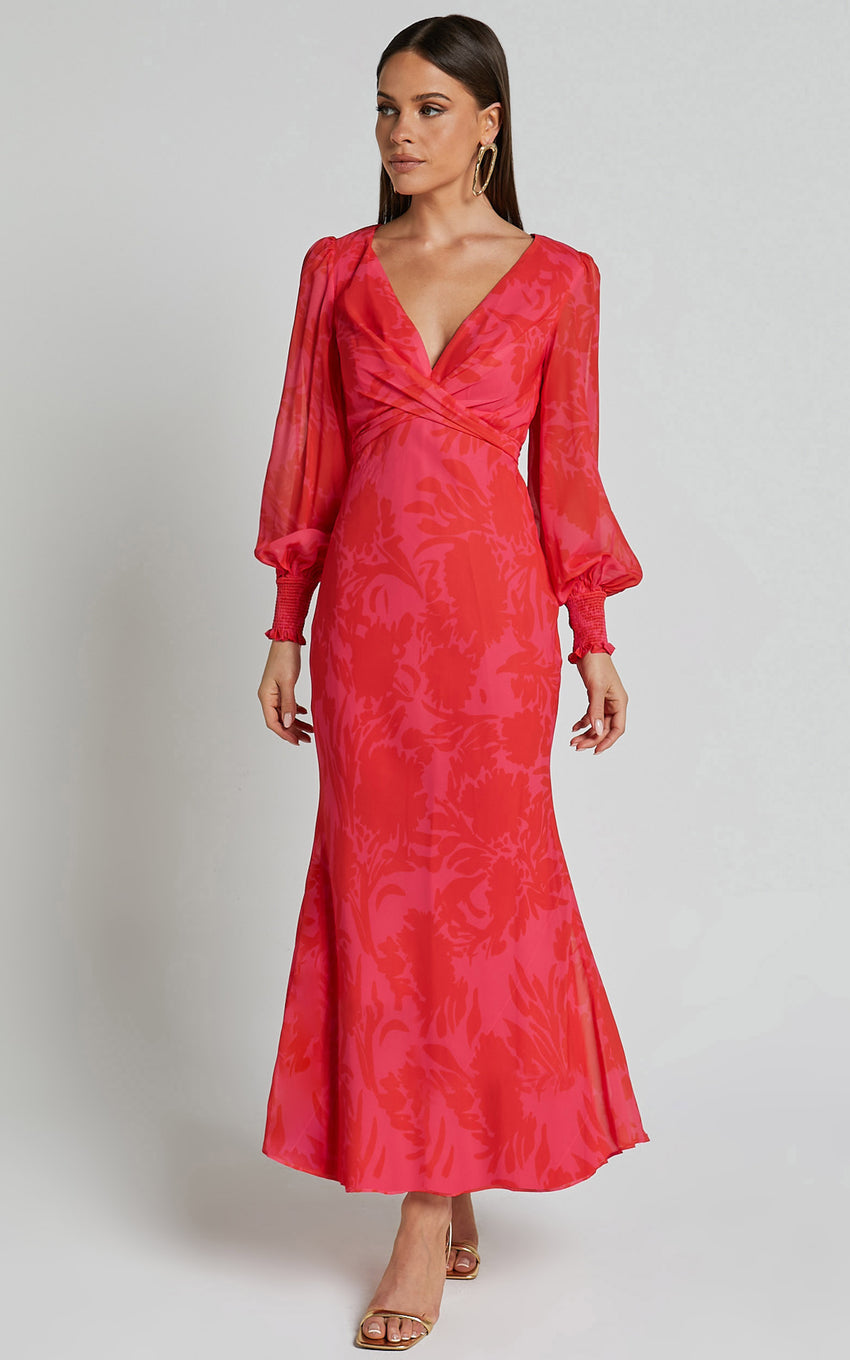 Claude Midi Dress - Deep V Neck Long Sleeve Slip Dress in Print