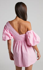 Sula Mini Dress - Asymmetric Off One Shoulder Puff Sleeve Dress in Pink