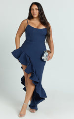 Maura Maxi Dress - Scoop Neckline Ruffle High Low Dress in Navy