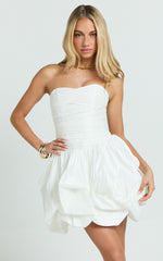 Deb Mini Dress - Ruched Strapless Bubble Hem Dress in Off White