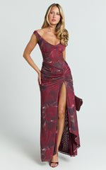 Demetria Maxi Dress - Mesh Bodycon Dress in Burgundy Rose
