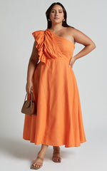 Dixie Midi Dress - Linen Look One Shoulder Ruffle Dress in Orange