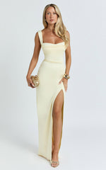 Donna Maxi Dress - Cowl Neck Column High Split Dress in Lemon