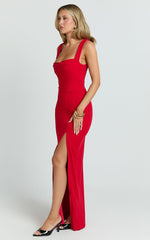 Donna Maxi Dress - Cowl Neck Column High Split Dress in Red