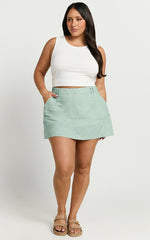 Dream Linen Blend Skort - High Waisted A Line Skort in Mint Green