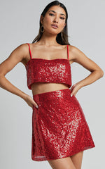 Elswyth Mini Skirt - Side Split Sequin Skirt in Red