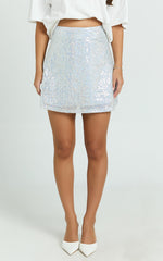 Elswyth Mini Skirt - Side Split Sequin Skirt in Silver