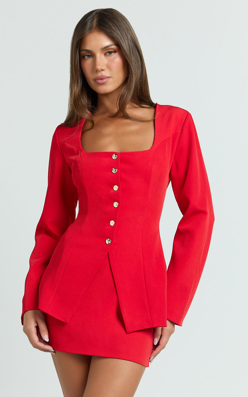 Evie Two Piece Set - Long Sleeve Button Down Tailored Top and Mini Skirt Set in Red