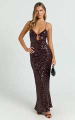 Finn Maxi Dress - Plunge Neck Sheer Sequin Slip Dress in Wine