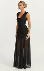 Frances Maxi Dress - Contrast U Neck Godet A Line Dress in Black