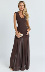 Frances Maxi Dress - Contrast U Neck Godet A Line Dress in Chocolate