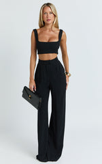 Gaia Two Piece Set - Linen Look Square Neck Crop Top and High Waist Pants Set in Black