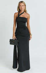 Ginny Maxi Dress - Asymmetric Neck Waist Tie Dress in Black