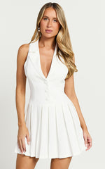 Hannah Mini Dress - Tailored Button Down Pleated Mini Dress in White