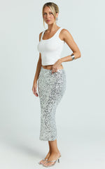 Hasley Midi Skirt - Sequin Bodycon Skirt in Silver