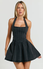 Hayes Mini Dress - Halter Neck Corset Bodice Dress in Washed Black