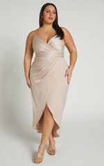 How Will I Know Midi Dress - Wrap Waist Tie Tulip Hem Dress in Champagne