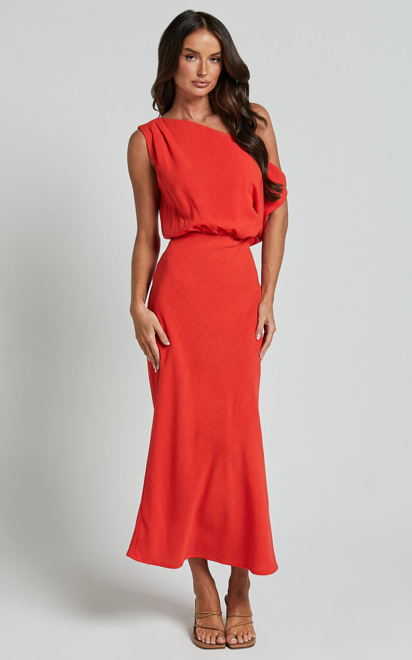 Jacqueline Midi Dress - Linen One Shoulder Dress in Sunset