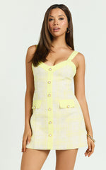 Jada Mini Dress - Sweetheart Neckline Button Up Dress with Hardware Detail in Lemon
