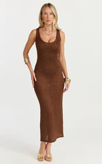 Jenna Maxi Dress - Scoop Neck Sleeveless Sequin Knit Dress in Chocolate