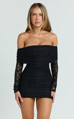 Jensen Mini Dress - Off Shoulder Stretch Lace Bodycon Dress in Black
