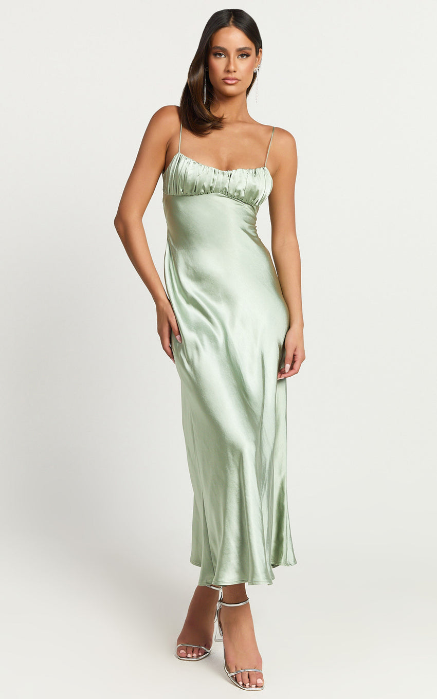 Jonalyn Midi Dress - Open Back Detailing Slip Dress in Sage