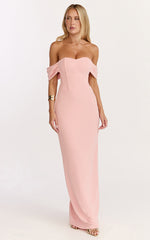 Karina Maxi Dress - Off Shoulder Corset Bodice Lace Up Back Dress in Pink