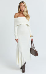Karina Midi Dress - Long Sleeve Folded Off Shoulder Asymmetric Dress in Cream