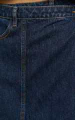 Katherine Mini Skirt - Cross Front Recycled Denim Skirt in Dark Blue Wash